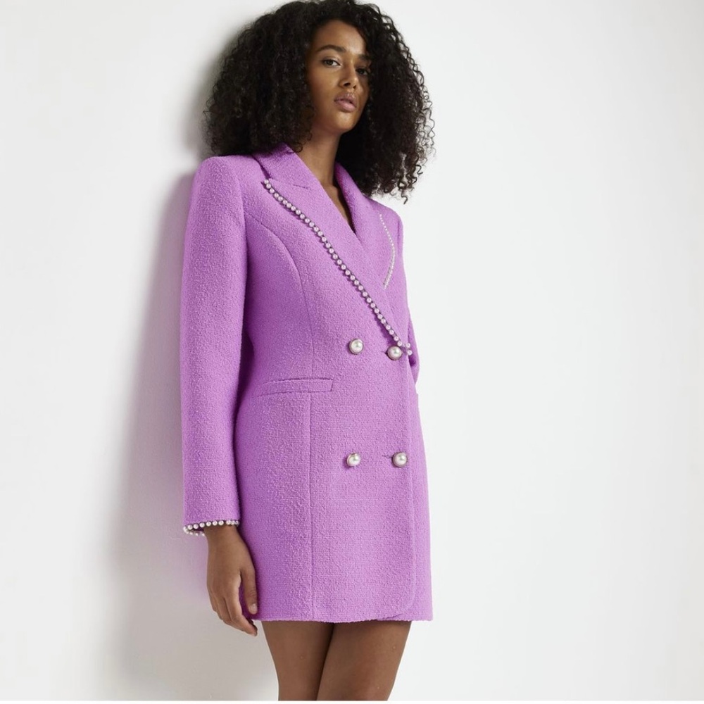 River Island Purple Boucle Embellished Blazer Dress. Size 6. Pearl details NEW